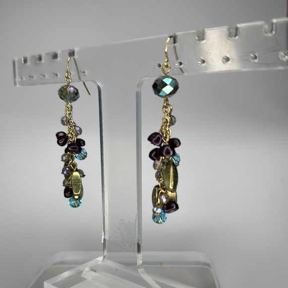 Purple and Gold Dangle Earrings with Cascading Beads - Picture 2 of 4